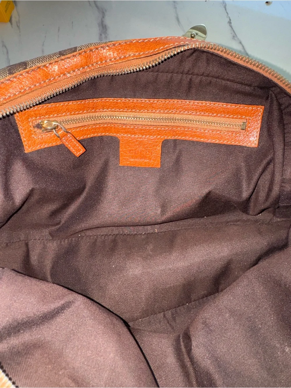 Gucci Tan/Brown GG Canvas Satchel with Orange-Tan Leather Trim